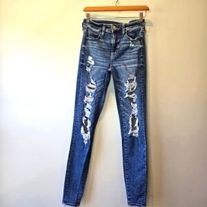 American Eagle High Rise Jegging Distressed Skinny Leg Denim Jeans 4 X-Long